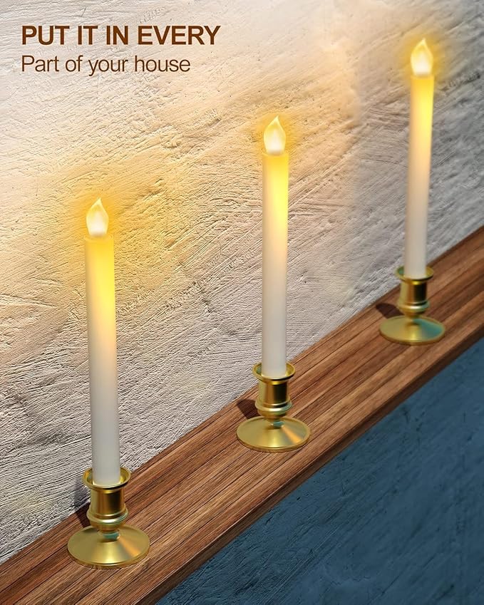 RONXS LED Window Candles With Timer, Flickering Flameless Taper Candles With Remote, Battery Operated, Indoor Christmas Decorations (6 Pcs Gold) - Bloomnest