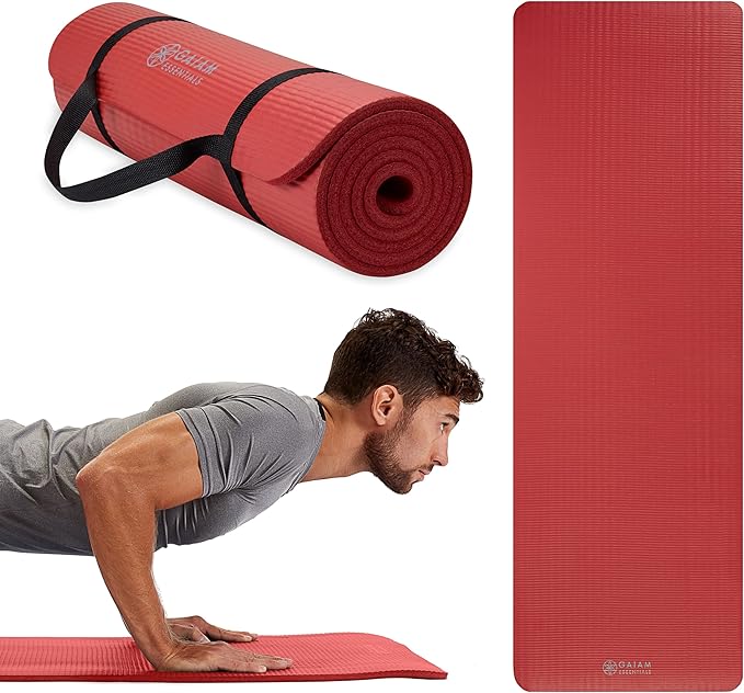 Gaiam Essentials Thick 2/5" (10mm) and Thin 1/4" (6mm) Yoga & Pilates, Fitness & Exercise Mat with Easy-Cinch Carrier Strap