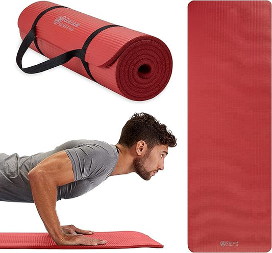 Gaiam Essentials Thick 2/5" (10mm) and Thin 1/4" (6mm) Yoga & Pilates, Fitness & Exercise Mat with Easy-Cinch Carrier Strap