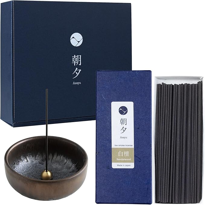 Asayu Japan Low Smoke Incense Gift Set with Incense Holder and Brass Stand, Sandalwood Incense Sticks with Zen Holder - Bloomnest