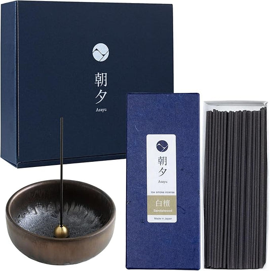 Asayu Japan Low Smoke Incense Gift Set with Incense Holder and Brass Stand, Sandalwood Incense Sticks with Zen Holder - Bloomnest