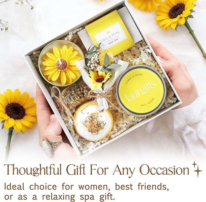 Birthday Gifts for Women – Yellow Sunshine Spa Gift Box, Luxury Bath & Self Care Care Package with Citrus & Amber Scent for Mom, Sister or Friend