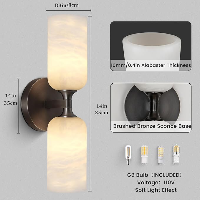 Alabaster Wall Sconce 14in Antique Brass Sconces Wall Lighting, Imported Alabaster Modern Marble Bathroom Vanity Sconces, Black Sconce Wall Decor, For Bedroom Living Room Staircases Hallway Foyer - Bloomnest