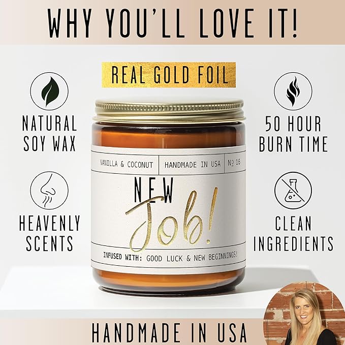 New Job Gifts for Women, Congratulations Gifts for Women - 'New Job Candle, w/Vanilla & Coconut I Job Promotion Gifts for Women I Leaving Job Gifts I Goodbye Coworker Gift I 50Hr Burn, Made in USA - Bloomnest
