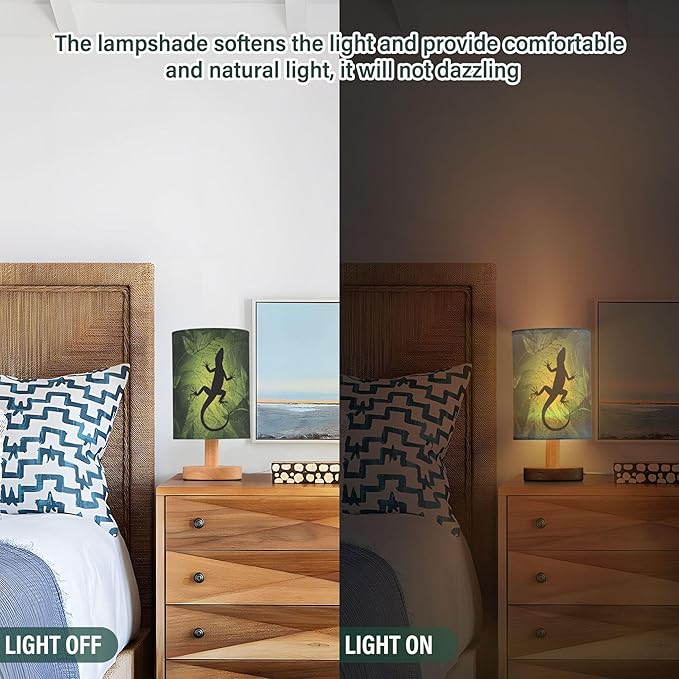 Table Lamp Chameleon Lizard Gecko Shape on Green Leaf Nightstand Lamp with Wood Base Fabric Lamp Shade Bedside Desk Lamp for Living Room Bedroom Kids Room Office - Bloomnest
