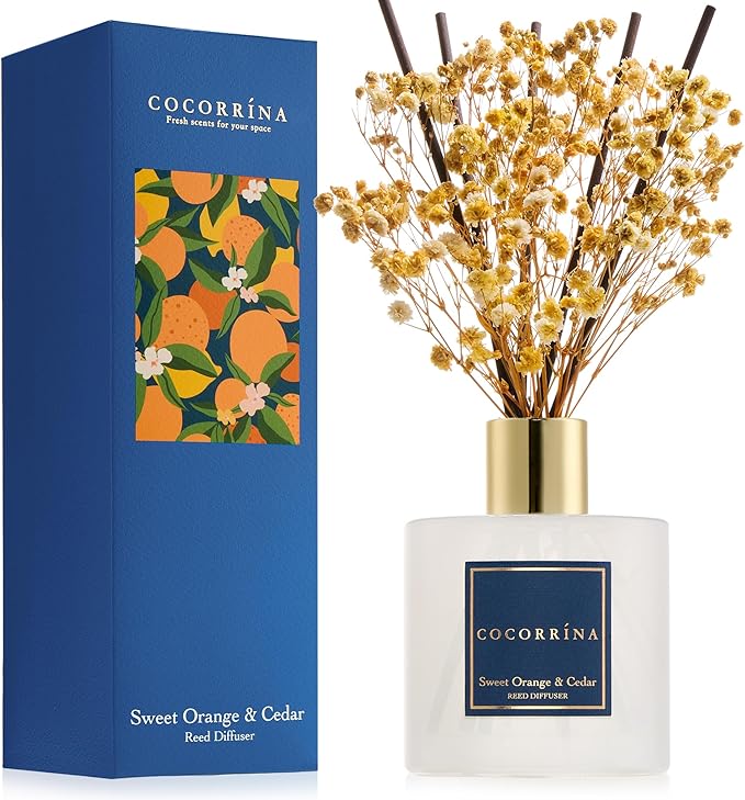 COCORRÍNA Reed Diffuser - Sweet Orange & Cedar 6.7 Fl.oz Reed Diffuser Set with Sticks & Preserved Baby's Breath, Reed Diffuser for Home Bathroom Shelf Decor - Bloomnest