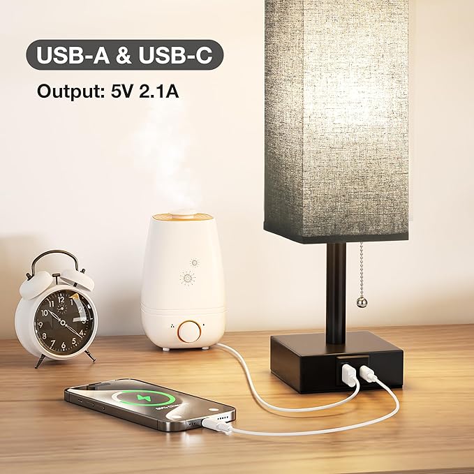 Black Small Table Lamp for Bedroom - 3 Color Temperature 3000K 5000K 4000K Bedside Lamp, Pull Chain Control, USB A and C Charging Ports, Black Base, for Kids Office Dorm Nightstand, Bulb Included - Bloomnest