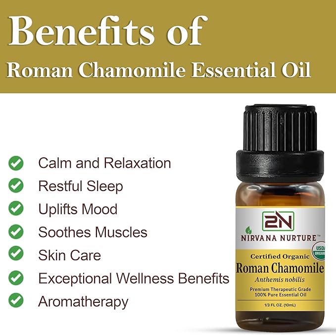 Roman Chamomile Essential Oil, USDA Certified Organic, 100% Pure Undiluted, Aromatherapy Oil for Diffuser, Hair & Skin Care NirvanaNurture