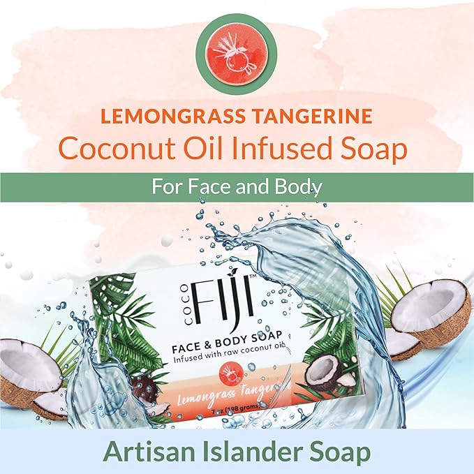 "Coco Fiji Soap Bar for Face and Body Infused With Organic Coconut Oil, Lemongrass Tangerine Essential Oil, Natural Soap for Moisturizing & Pore Purifying Skin, 7 oz, Pack Of 2 " - Bloomnest