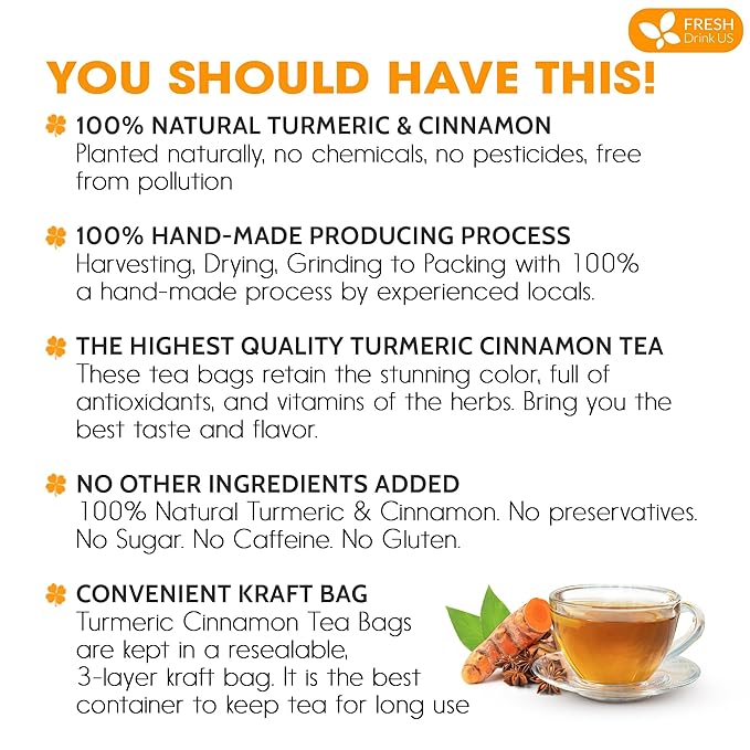 FreshDrinkUS, Premium 135 Turmeric Cinnamon Tea Bags, 100% Natural, Blend of Turmeric, and Cinnamon. Made with Natural Material Tea Bags. No Sugar. No Caffeine. Vegan. - Bloomnest