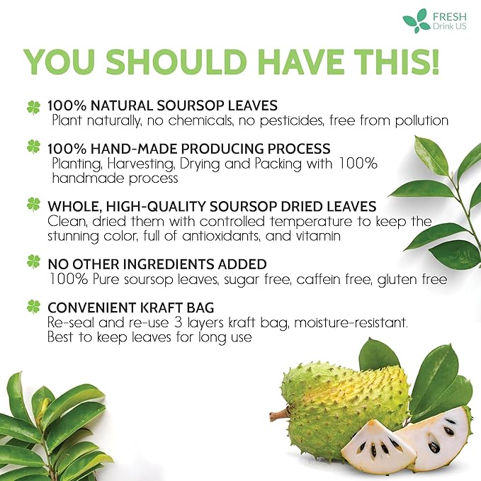 FreshDrinkUS, Premium 275+ Soursop Graviola Whole Dried Leaves Tea, 275-300 Soursop Graviola Guanabana Whole Leaves, Wildcrafted, Hoja Guanabana Loose Leaf Herbal Tea, No Gluten, Vegan - Bloomnest