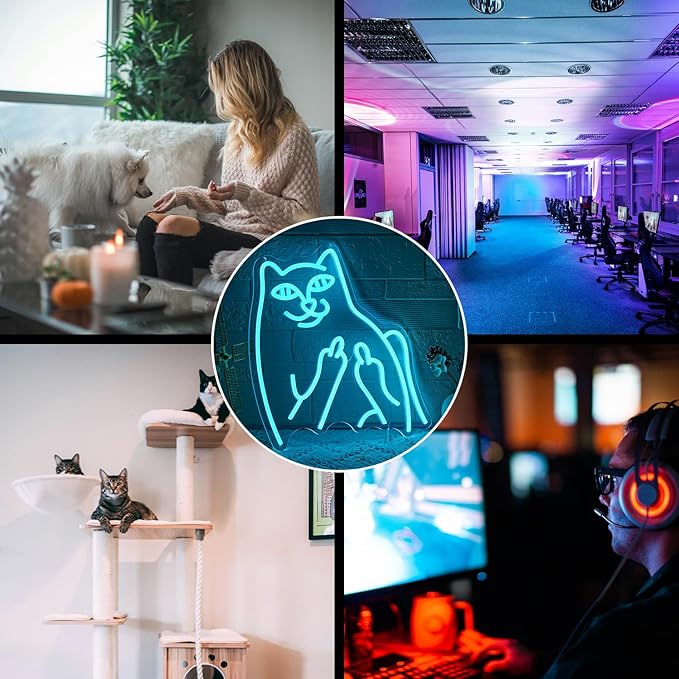 Bad Cat Neon Sign Blue Neon Cat Sign LED Sign Funny Animal Cat LED Neon Signs for Home Bar Office Living Room Bedroom Wall Decor Gift for Children Kids - Bloomnest