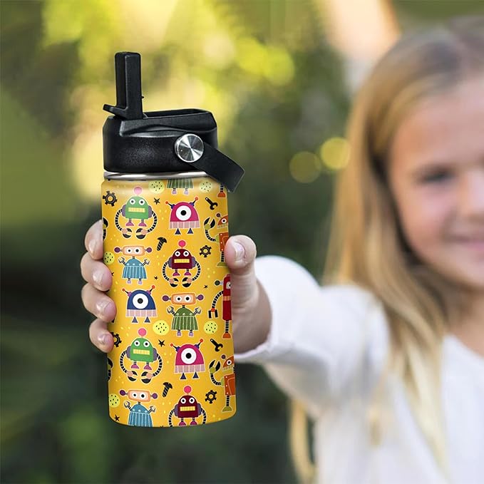 Kids Water Bottle with Straw Robot Insulated Water Bottles 12oz Stainless Steel Travel School Tumbler Double Wall Vacuum Cup for Boys Kid - Bloomnest