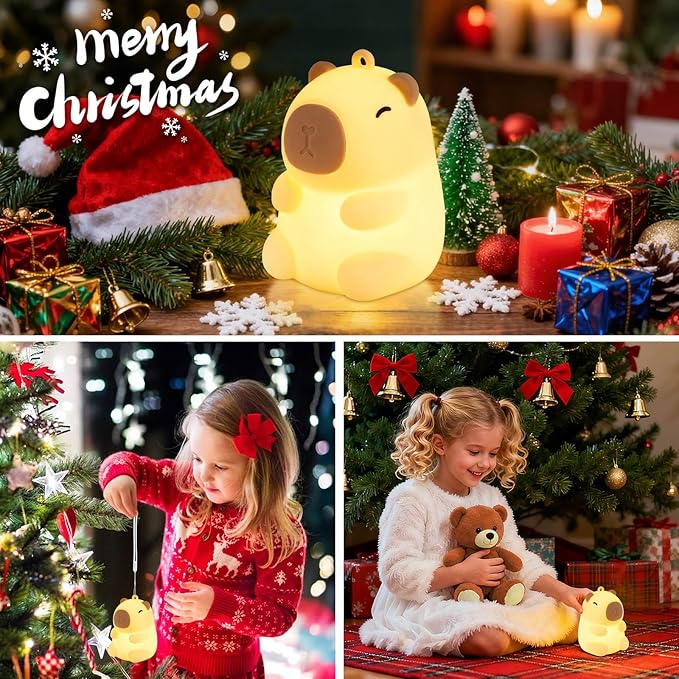 Squishy Christmas Capybara Night Light with RGB Modes Dimmable Nursery Breastfeeding Nightlight Hangable Cute Novelty Animal Lamp Rechargeable Silicone Touch Bedside Lamp for Bedroom Dorm Decor - Bloomnest