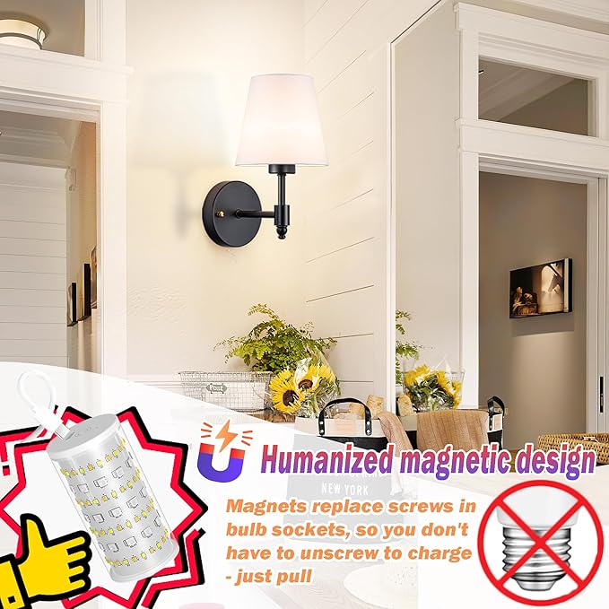 Battery Operated Wall Sconces Set Of Two, Wireless Battery Wall Light With 10000mAh RGB Rechargeable Magnetic Bulb, Rechargeable Wall Sconce With Remote Control For Bedroom, No Electrician Required - Bloomnest