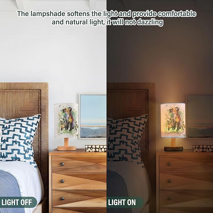 Table Lamp Fox Animal Dragonfly Frog in Floral Grass Woodland Nightstand Lamp with Wood Base Fabric Lamp Shade Bedside Desk Lamp for Living Room Bedroom Kids Room Office - Bloomnest