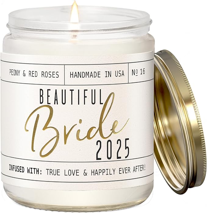 Bridal Shower Gifts, Bride Gifts for Bride to Be - 'Beautiful Bride 2025' Soy Wedding Candle, w/Peony Wedding Bouquet - infused w/Essential Oils I Bachelorette Gifts for Bride I 50Hr Burn, USA Made - Bloomnest