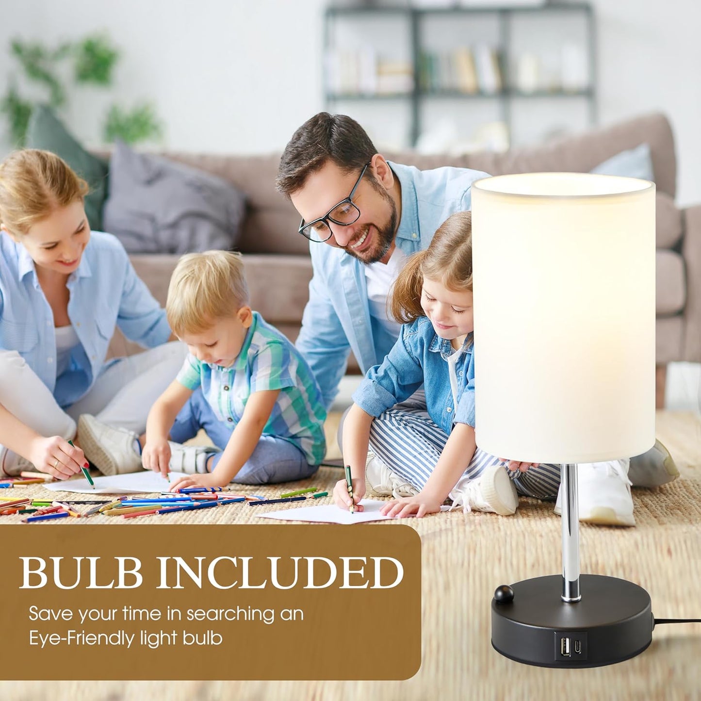 Briever Touch Control Table Lamp for Bedroom, 3-Way Dimmable Nightstand Lamp with USB USB A+C Charging Ports, Bedside Desk Lamp with Phone Stand & Linen Fabric Shade for Livingroom, Bulb Included