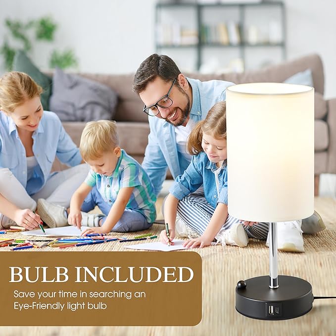 Briever Touch Control Table Lamp for Bedroom, 3-Way Dimmable Nightstand Lamp with USB USB A+C Charging Ports, Bedside Desk Lamp with Phone Stand & Linen Fabric Shade for Livingroom, Bulb Included - Bloomnest