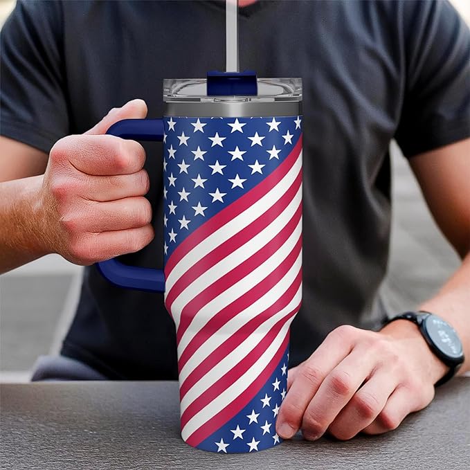 SANDJEST American Flag Tumbler with Handle, America Engraved 40oz Stainless Steel Insulated Coffee Mug with Lid & Straw, America Gifts for Men Women, USA Tumblers Cup Gift for Christmas - Bloomnest