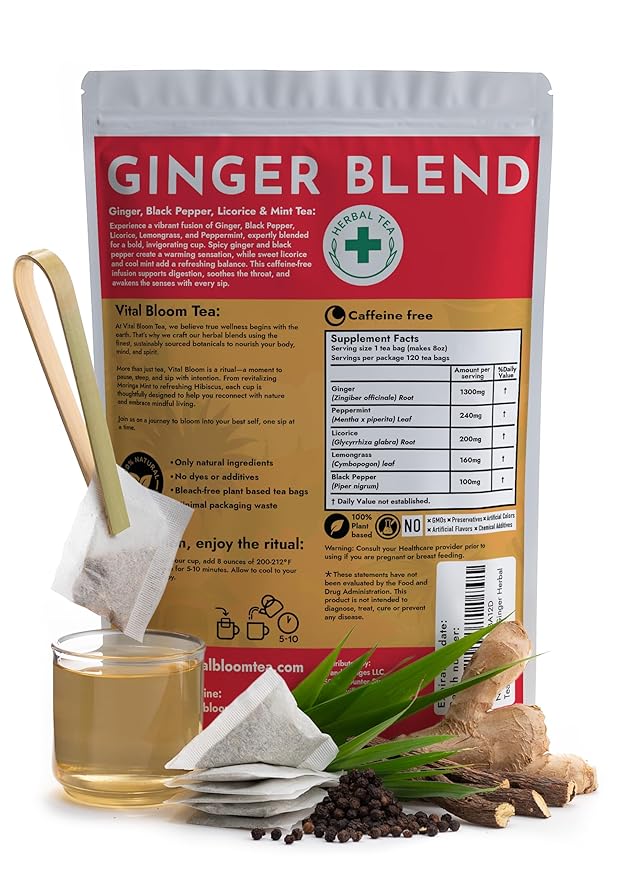 Vital Bloom 120 ct Ginger Tea Bags, Blend With Peppermint, Licorice, Lemongrass and Black Pepper, 100% Natural Ingredients, Bleach Free Tea Bags, Caffeine Free (Free Bamboo Tongs Included) - Bloomnest