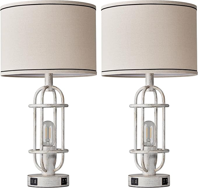 22.3" Farmhouse Table Lamps Set of 2, Vintage Lamps for Living Room End Tables, Bedroom Lamp for NightStand with USB C+A Ports, Antique White - Bloomnest
