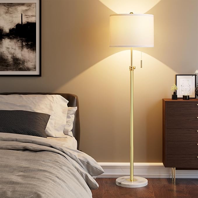 PARTPHONER Floor Lamp for Living Room, 66'' Adjustable Height Standing Lamp with Marble Base, 3-Color Tall Lamps with Pull Chain, Suitable for Bedroom, Reading, Office (Bulb Included, White Shade) - Bloomnest