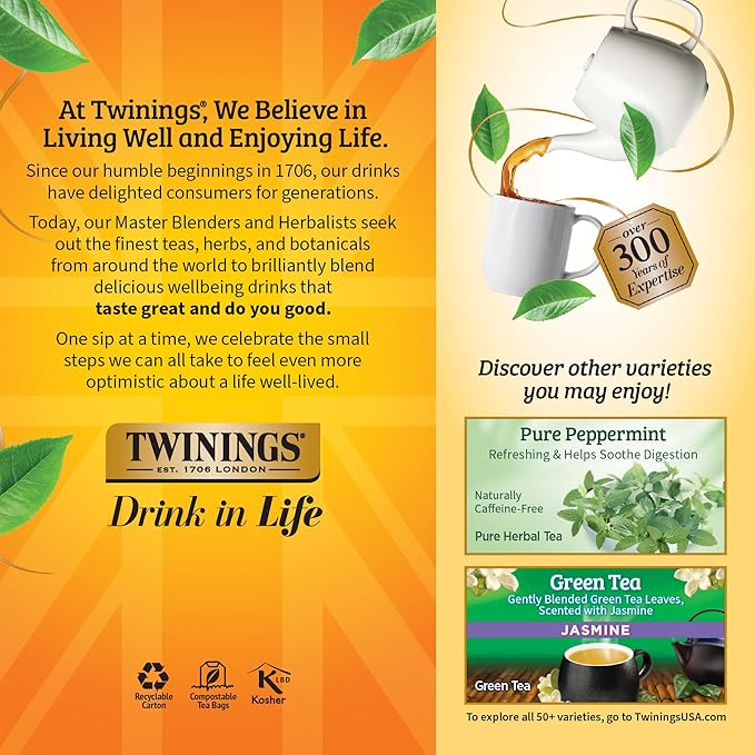 Twinings Lemon & Ginger Herbal Tea Individually Wrapped Bags, 25 Count (Pack of 6), Spicy Ginger, Lemon Peel, & Lemongrass, Naturally Caffeine-Free, Enjoy Hot or Iced, 150 Teabags - Bloomnest