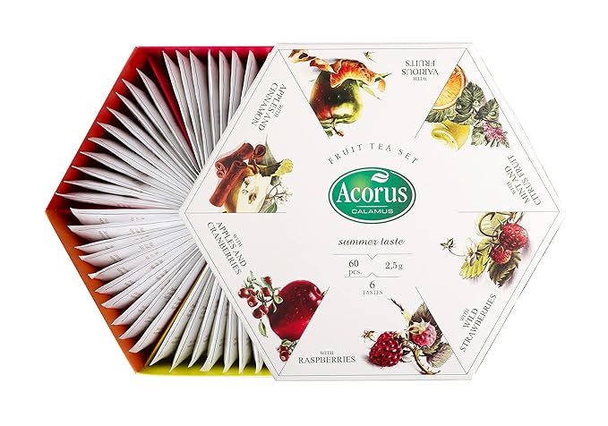 ACORUS Summer Taste Tea Set - Natural Assorted Tea Hamper Box Gift Set, Large Selection Box 60 Teas Bags, 6 Fruit and Berry Flavour Sampler, Perfect for Refreshing Iced Drinks - Bloomnest