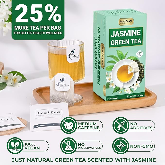 LeafLea 40 Jasmine Green Tea Bags, Premium Green Tea Scented with Jasmine Flowers for Gentle Support & Light Alertness, Floral Smoothness, Caffeinated, Sugar-Free, Non-GMO, Vegan, Individually Wrapped - Bloomnest