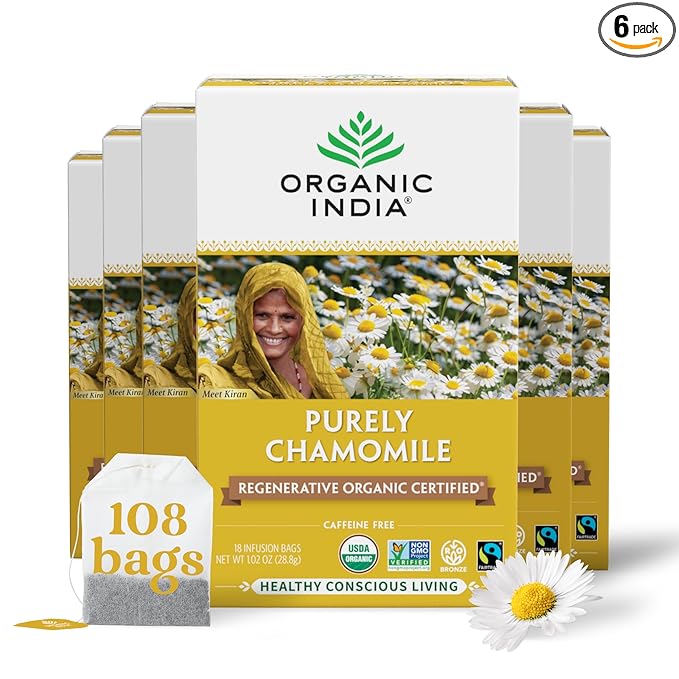 Organic India Purely Chamomile Tea- Regenerative Organic Chamomile Flowers, Caffeine Free, Calming & Relaxing Herbal Tea, Natural Support for Sleep & Relaxation- 18 Tea Bags, Pack of 6 - Bloomnest