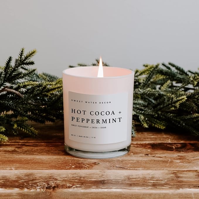 Sweet Water Decor Hot Cocoa + Peppermint Soy Candle | Chocolate, Peppermint, and Vanilla Holiday Scented Candles for Home | 11oz White Jar + Wood Lid, 50+ Hour Burn Time, Made in The USA - Bloomnest