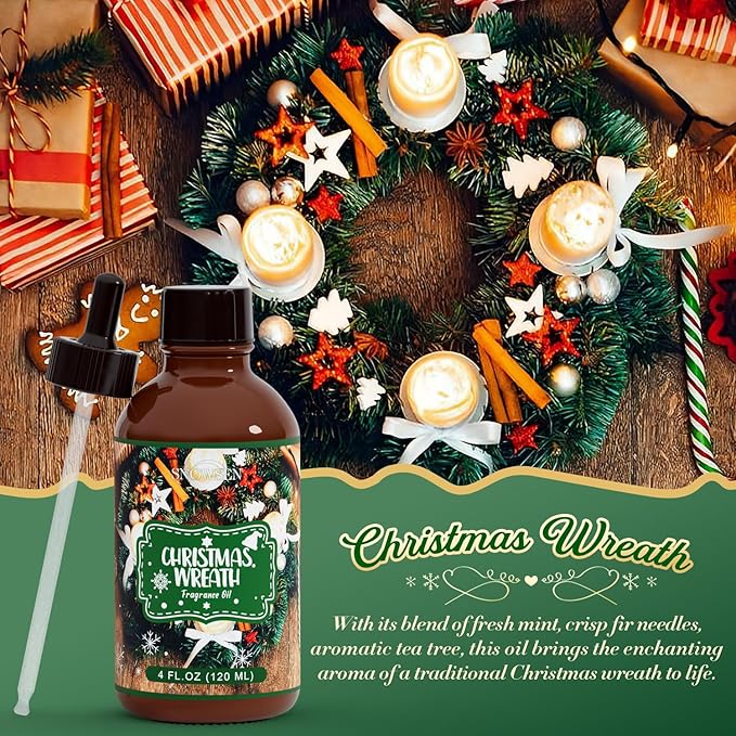 Christmas Wreath Fragrance Oil 4 Fl Oz, Undiluted Winter Essential Oil with Glass Dropper for Diffuser, Humidifier, House Cleaning,Spray,Soap Making,Candle Making,Yoga,Long Lasting Scents - Bloomnest