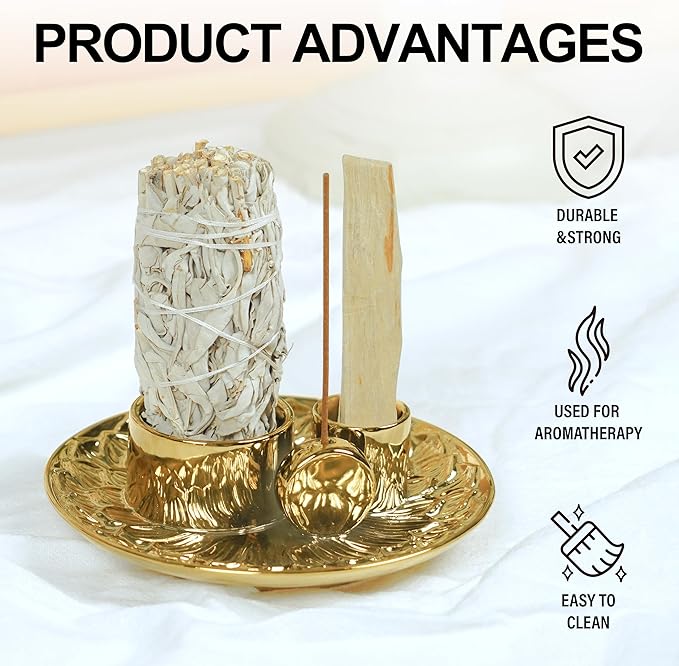 4 in 1 Incense Holder, Ceramic Incense Stick and Palo Santo Holder,Sage Holder for Burning- 5.5" Ceramic Ash Catcher Tray for Meditation and Yoga Room (Golden) - Bloomnest