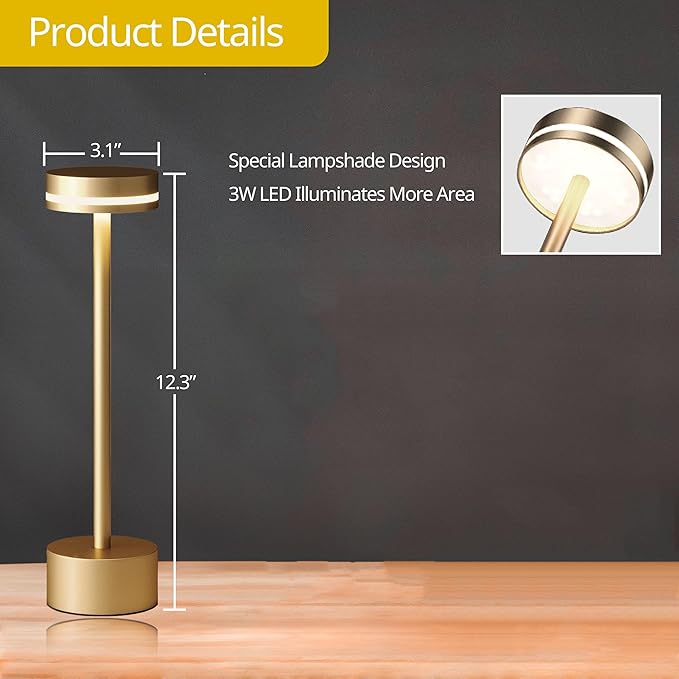 Portable Rechargeable Bedside Lamp, Touch Stepless Dimmable Desk Lamp, Cordless Table Lamp, Ideal for Home, Bedroom, Hotel, Restaurant, Bar, Outdoor, 1 Pack (Gold) - Bloomnest