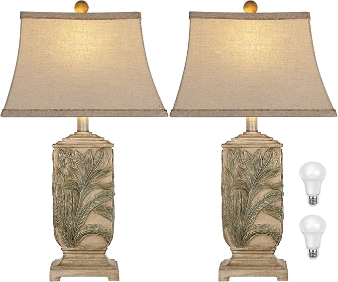 WIHTU 25" Vintage Table Lamps, 3 Color Temperature Rustic Retro Beside Lamp Set of 2, Farmhouse Resin Table Lamp for Living Room Bedroom Nightstands, Rotary Switch, Carved Leaf(2 Bulbs Included) - Bloomnest