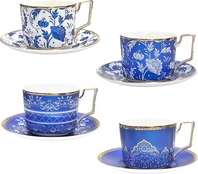 ACMLIFE Bone China Tea Cups and Saucers Set of 4, 6.8 oz Blue and White Tea Cups Set of 4, with Gold Trim and Gift Box (Blue-4) - Bloomnest