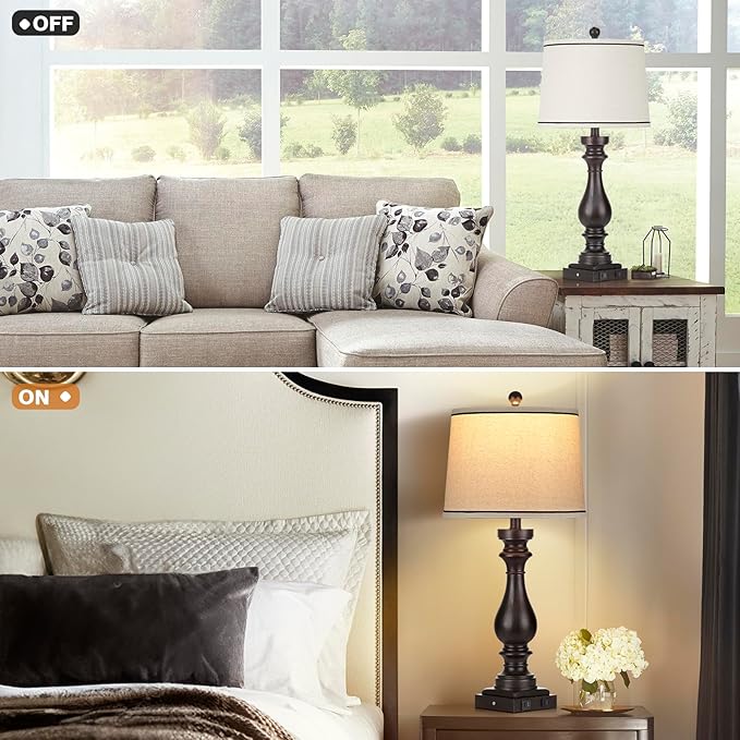 27.5" Farmhouse Table Lamp for Living Room Set of 2,Vintage Bedside Nightstand Lamps with USB C+A Ports & AC Outlet,3-Way Dimmable Touch Control Retro Black Desk Lamp for Bedroom,Black - Bloomnest