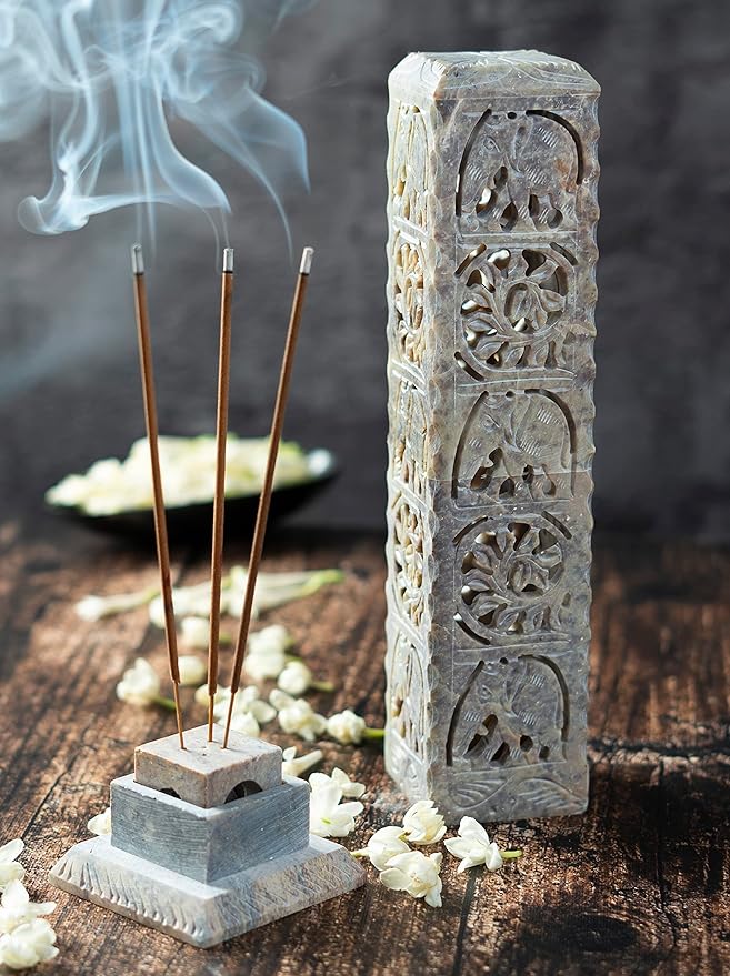 Crocon Handmade Incense Stick Holder Soapstone Incense Tower Burner | Candle Stand Tea Light Holder |Office Decor Room Fragrance Decorative Kitchen Home Spa Great Gift Set - 11X3X3 Inch