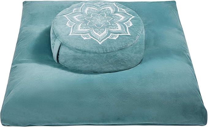Meditation Zafu Cushion Set with Buckwheat Hulls & Memory Foam - Ergonomic Support for Yoga & Sitting - Removable Machine-Washable Luxury Velvet Cover - for Adults and Kids (Green)