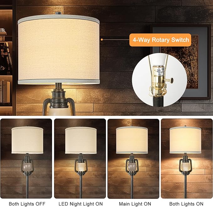Farmhouse Lantern Floor Lamp with Tray for Living Room with Nightlight Vintage Tall Lamp with Linen Fabric Shade Industrial Standing Lamp for Bedroom Office Home House Study(Bulb Included) - Bloomnest
