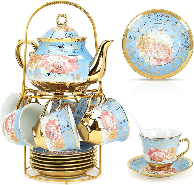 20 Pcs Porcelain Tea Set with Metal Holder, Adult Tea Set Gift, European Ceramic Tea Set for Adults, Flower Tea Cup Saucer Set for Party With Gold Flower Painting (Serene Blue) - Bloomnest