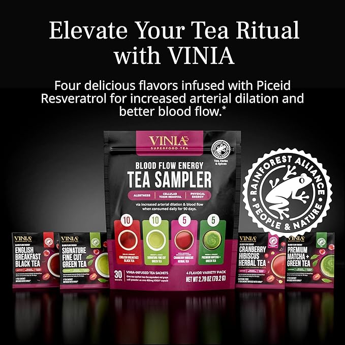VINIA Tea Sampler, 4 Flavor Variety Pack. Made with Organic Teas, Infused with Piceid Resveratrol for Heart Health, Nitric Oxide, Physical Energy, Alertness, Blood Flow, Keto, Kosher, NON-GMO. 30 Ct - Bloomnest