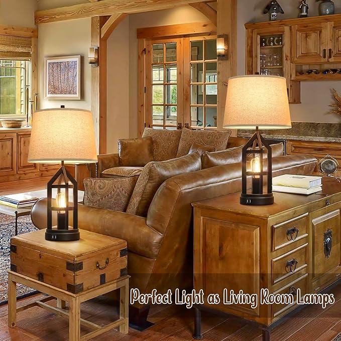 Farmhouse Table Lamps for Living Room Set of 2, 3-Way Dimmable Touch Control Bedside Lamps with 2 USB Charging Ports, Bedroom Reading Lamps for Nightstand, Rustic Home Decor, 4 LED Bulbs Included - Bloomnest
