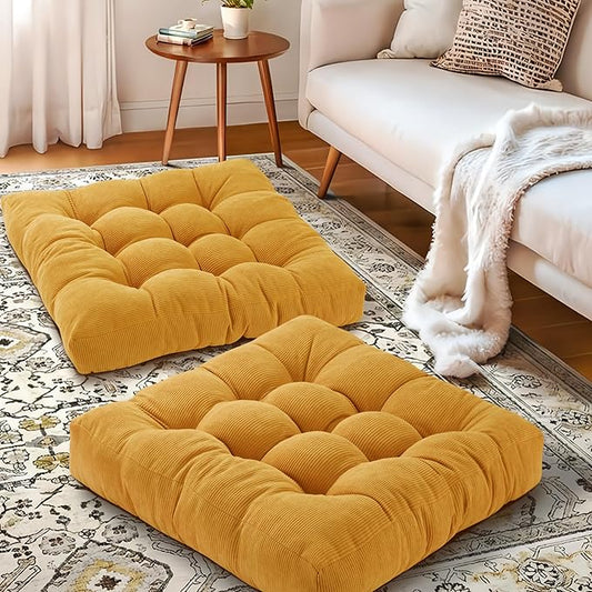 Floor Cushions for Adults Floor Pillows for Sitting Large Square Tufted Meditation Pillows Memory Foam 2 Pcs, 22" x 22", Orange Yellow - Bloomnest