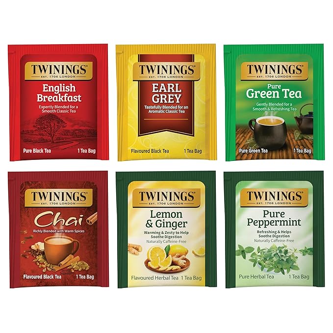Twinings Variety Pack Tea Bags, 25 Count (Pack of 6) Includes English Breakfast, Earl Grey, Lemon Ginger, Peppermint, Green, and Chai, Enjoy Hot or Iced, 150 Teabags - Bloomnest