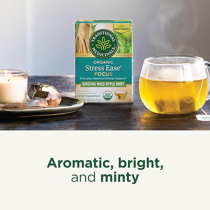 Traditional Medicinals Organic,Stress Ease Focus,Ginseng Wild Apple Mint Tea - Balanced Energy Support & Adaptogens - Kosher,Non-GMO,Caffeine-Free,Compostable - 16 Tea Bags,(Pack of 2) - Bloomnest