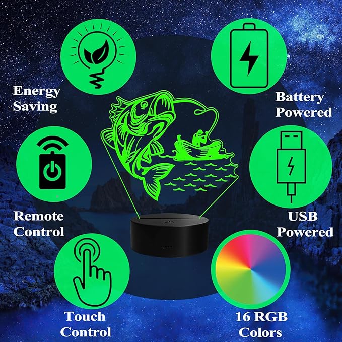 Fishing Night Light, Fishing Gifts, 3D Illusion Lamp with Remote Control, 16 RGB Colors, 4 Flashing Modes, Timer, Dimmable, Men Boy Room Decoration for Father's Day Holiday Birthday Christmas - Bloomnest