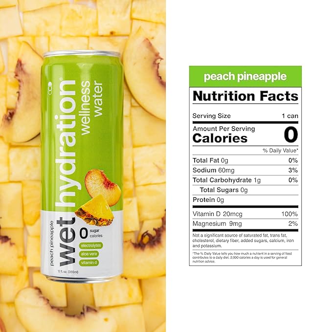 Wet Hydration | Functional Wellness Water, Non-Carbonated - Peach Pineapple (12 Ounce Cans, Pack of 12) - Flavored Water, Hydration Drink, No Sugar, No Artificial Ingredients, Zero Calories (Packaging May Vary) - Bloomnest
