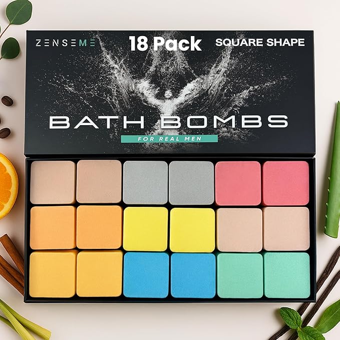 Bath Bombs for Men - Gift Set of 18 Square Shaped Handmade Natural Bath Bombs of 2.5 oz w/Essential Oils, Unique Manly Scents, for Boyfriend, Husband, Father - 18 Pack Square - Bloomnest